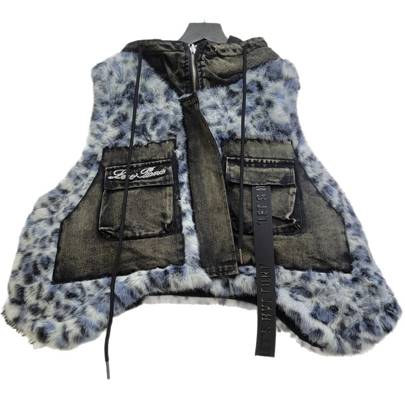 2025 otoño y invierno nueva ropa de mujer estampada de leopardo piel de empalme de bolsillo chaleco corto chaqueta de mujer blusa suelta image 5