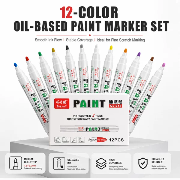 Cross-border exclusive supply of 12-color paint pens, waterproof, oil-resistant, non-fading markers for industrial tire graffiti and model touch-up