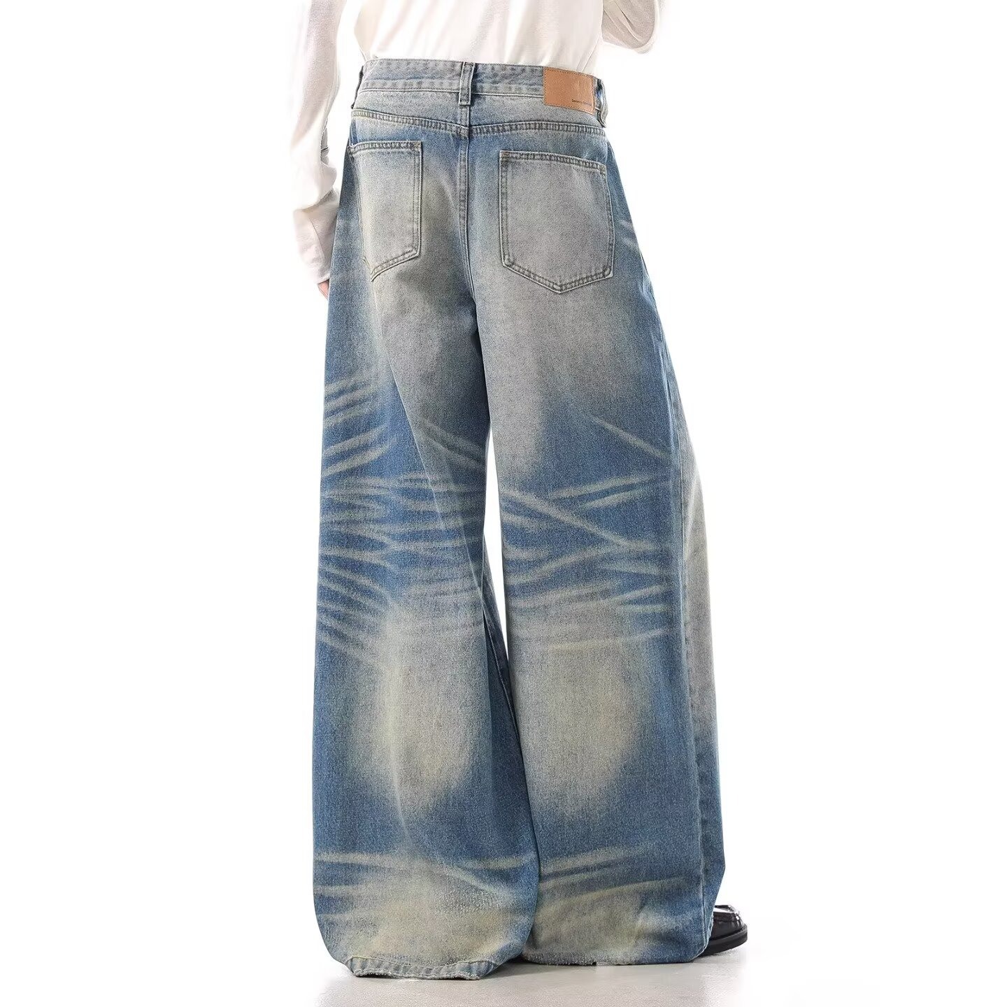 High Waist Wide-Leg Vintage Washed Jeans Cat Whisker Distressing Classic Blue S-3XL Men's Clothing Denim Trousers_mkmklike.com