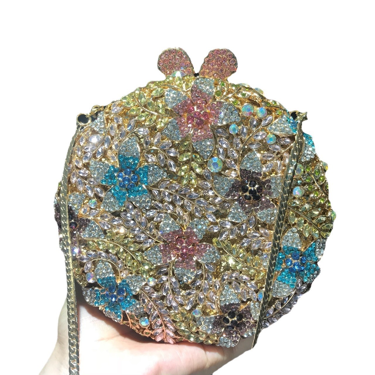 Bolsa de cena redonda de flores de trigo con diamantes, bolsas de maquillaje europeas y americanas, bolsas de diamantes, bolsas de joyas, bolsas de embrague