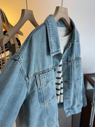 Retro Hong Kong style light blue denim jacket for women spring and autumn loose casual short style small work jacket trendy top
