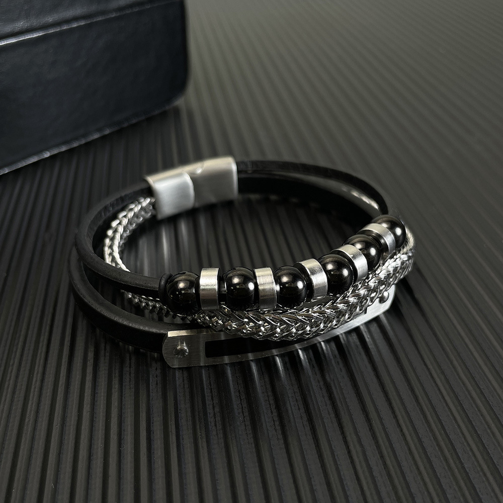European and American Handmade Trendy Men's Black Asymmetrical Magnetic Buckle Leather Bracelet with Multi-layer Men's Woven Leather Bracelet_voghion.com