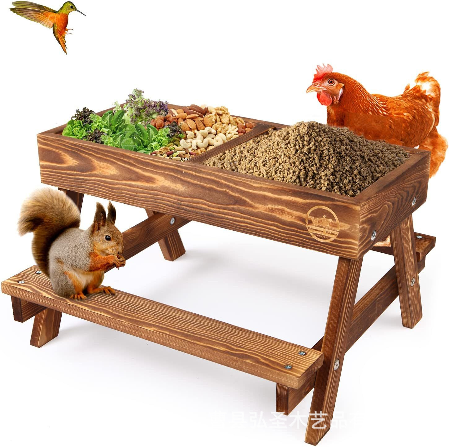 Pollo de madera, mesa de comedor, alimentación para animales, utensilios de forraje, comederos de madera para mascotas, comederos de madera maciza para gallinas al aire libre