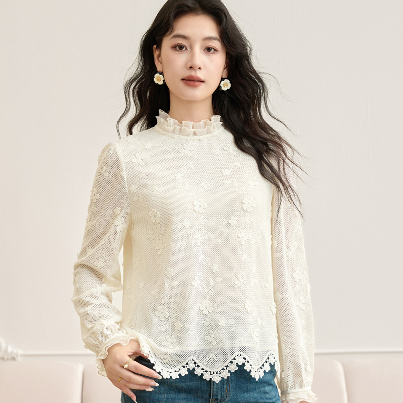 2025秋季新款立领木耳边长袖蕾丝衫女上衣宽松洋气小衫9537|undefined