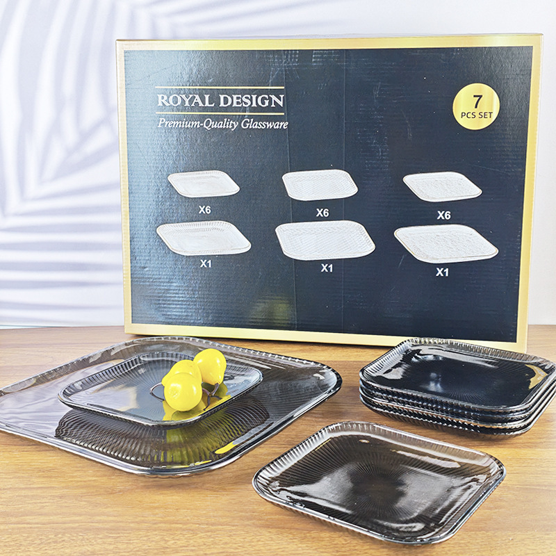 Household Square Glass Bowl and Plate Set, Fruit Plate Set, Barça Square Dish Glass Plate Seven-Piece Set, Light Luxury Gift Set