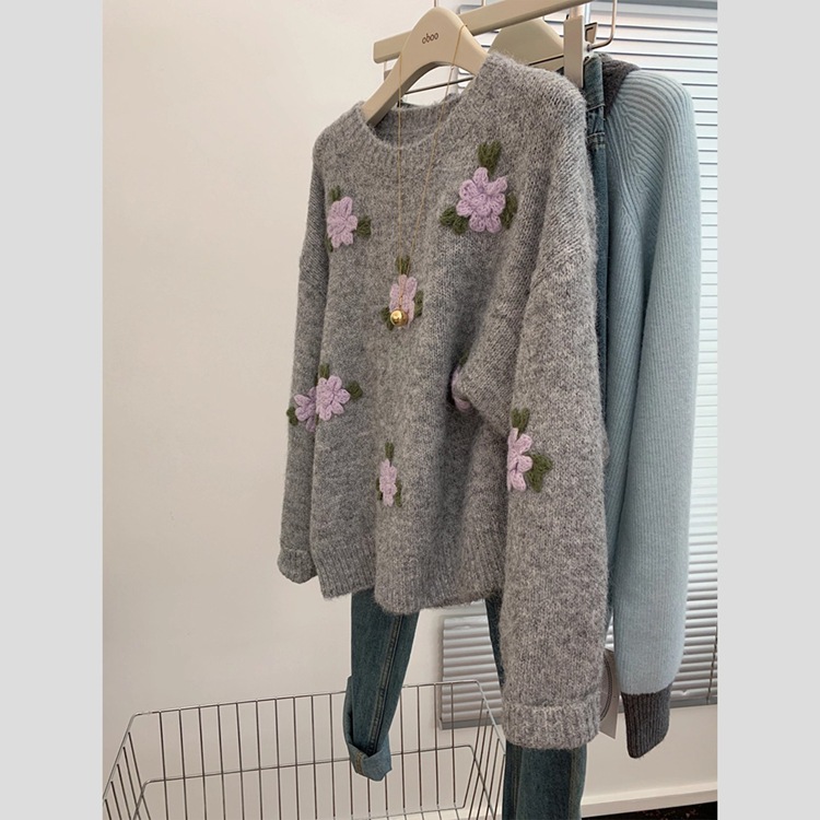 Collar redondo gris flor tridimensional bordado jersey jersey suéter de diseño para mujeres nicho suelto blusa delgada image 7