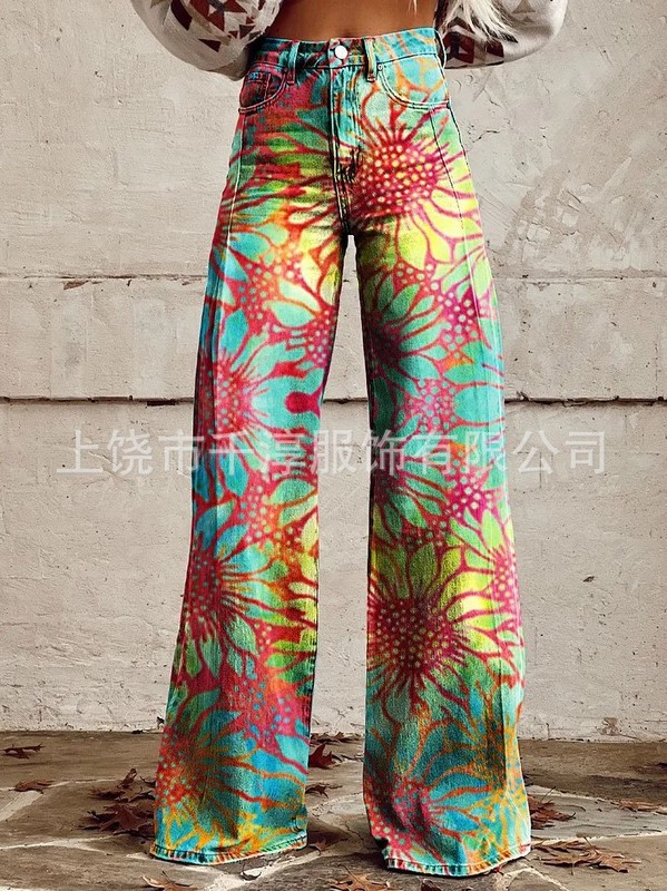 跨境欧美独立站爆款数码印花假牛仔女士阔腿裤 女士喇叭修身长裤|undefined