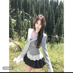 纯欲辣妹风条纹披肩蕾丝拼接长袖T恤女早秋甜美减龄修身显瘦上衣
