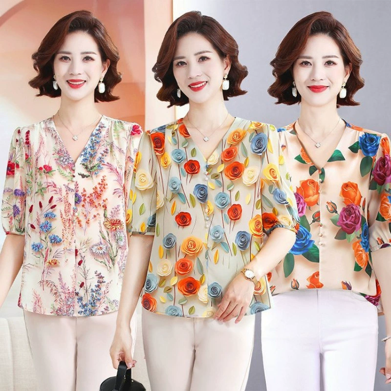 Летнее платье для мамы, модная шифоновая рубашка, модная весенне-осенняя рубашка из ледяного шелка для женщин среднего и пожилого возраста, футболка среднего размера.