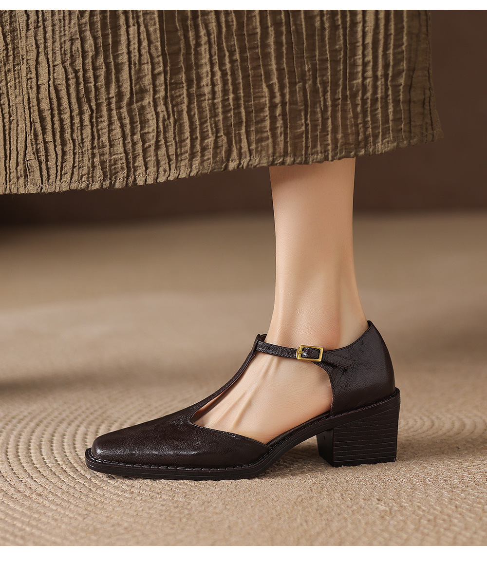 Sandal nữ quai ngang chữ T mũi nhọn gót vuông phong cách Anh retro — màu nâu chi tiết 15