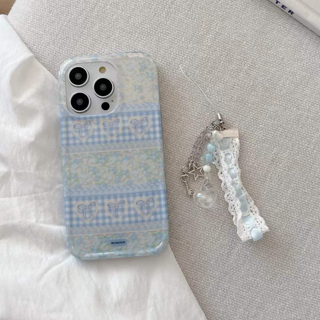 Fresco empalme azul floral amor adecuado para Apple 16ProMax niña iphone15 funda para teléfono móvil 13 colgante 14