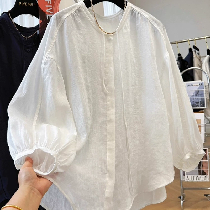 3781 Летняя свободная повседневная рубашка в ленивом стиле, непринужденная высококачественная хлопково-льняная рубашка с защитой от солнца, женский летний тонкий топ