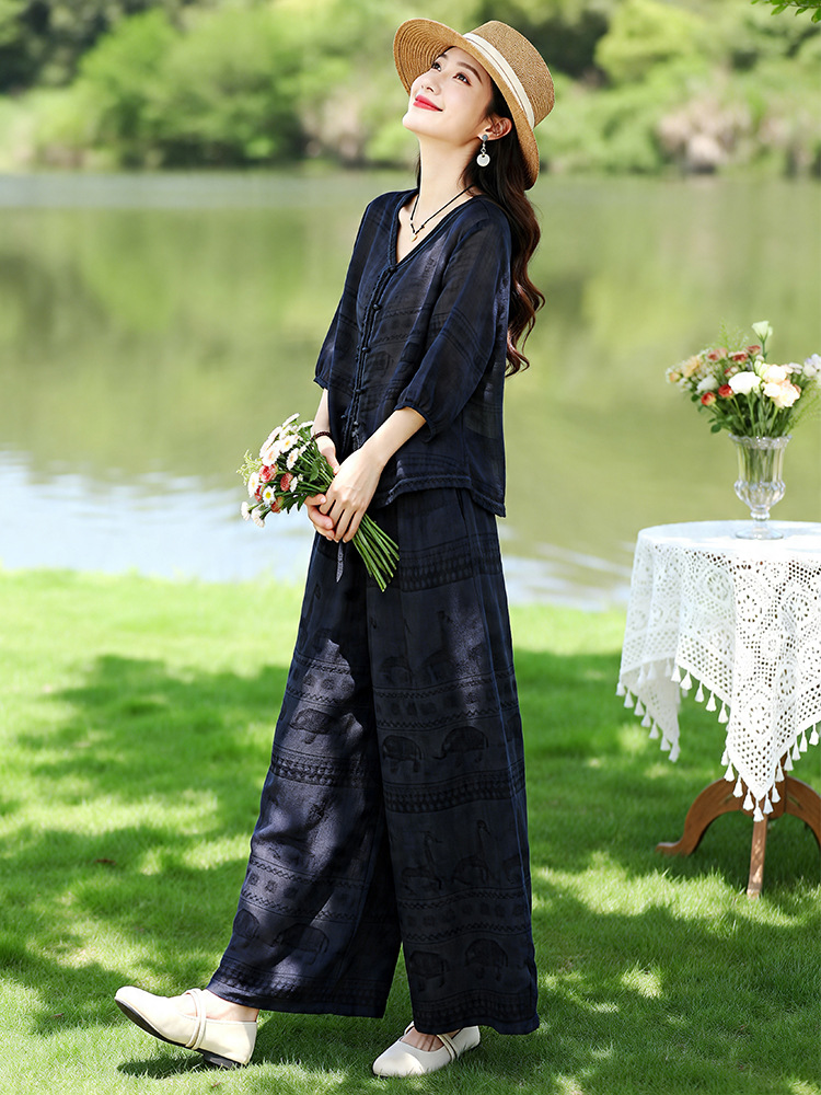 Bộ vest nữ hai mảnh V-neck sơ mi quần ống rộng mùa hè 2026 — Xanh lông mòng đen, màu đỏ