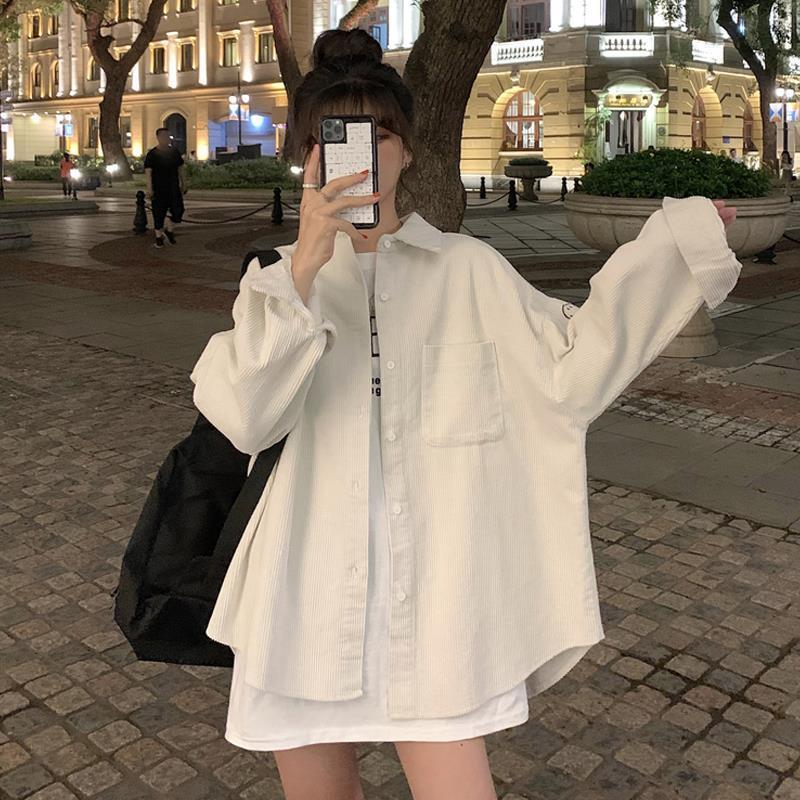 자수 스마일리 셔츠 여성의 봄과 가을 한국 스타일 코듀로이 느슨한 긴팔 캐주얼 코트 셔츠 여성용 AX