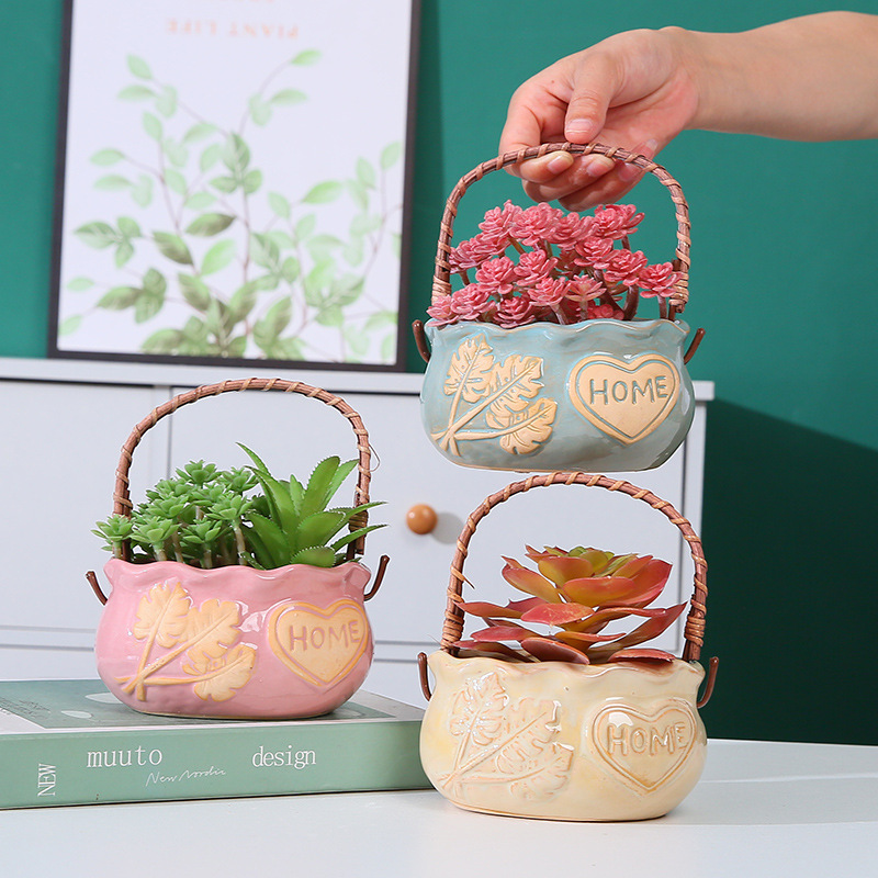 Nordic Simple Small Fresh Portable Hanging Basket Fleshy Flower Pot Creative Pastoral Personalized Coarse Pottery Breathable Planting Gardening Platter