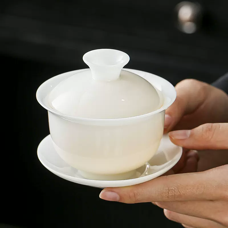 高端白皙透亮冰种白瓷盖碗简约三才碗陶瓷茶杯功夫茶具泡茶碗