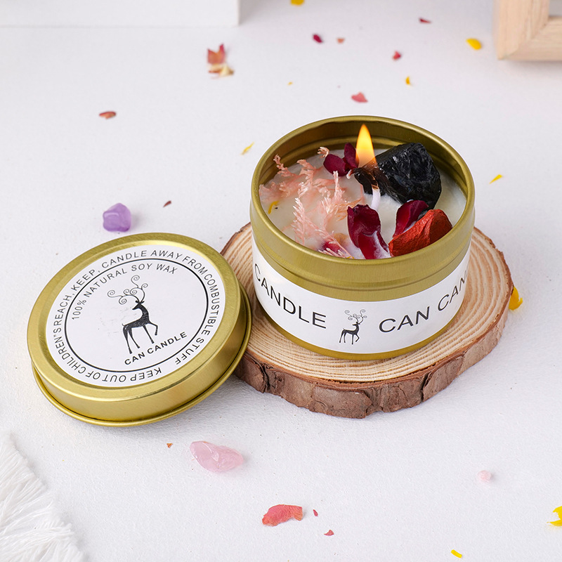 Cruzar la hojalata puede cristal piedra cruda aromaterapia vela sin humo planta soja fragancia hecha a mano aceite esencial flor seca vela