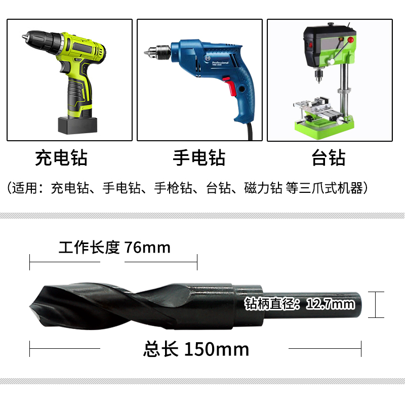 高速钢1/2等柄麻花钻头小柄钻缩柄钻打孔打洞模板钻木工钻铁板