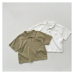 日常好款~夏季新兒童竹節棉口袋上衣男女童日系實穿bi備短袖襯衣