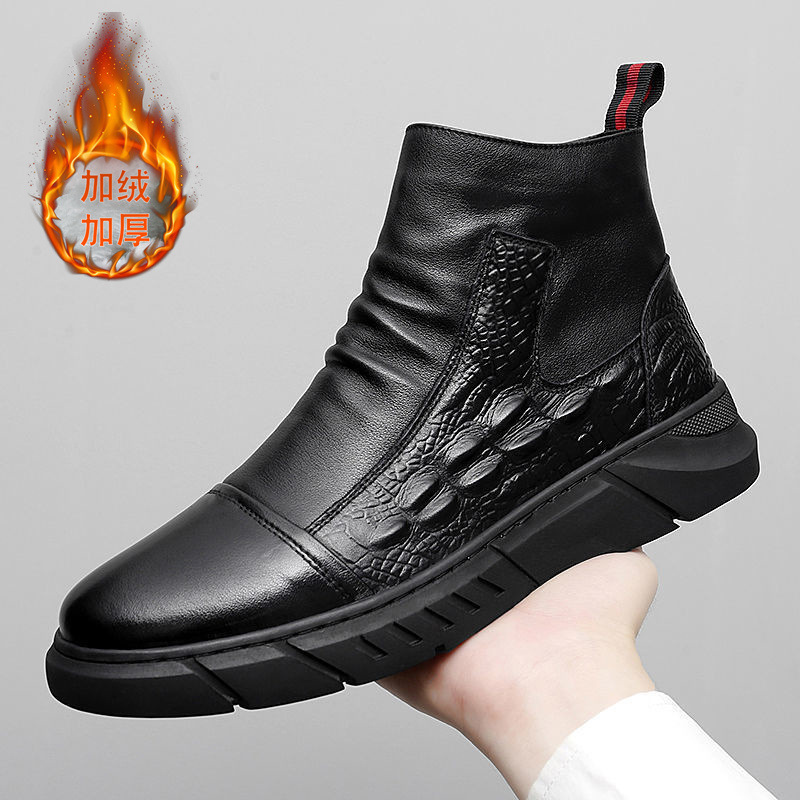 Botas Martin, zapatos de motocicleta con patrón de cocodrilo para hombre, herramientas de estilo británico, zapatos de moda coreanos para hombre, otoño e invierno más terciopelo para mantener el calor