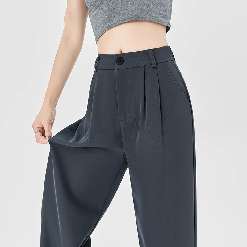 Pantalones de traje gris para mujeres verano delgado 2024 nuevos pantalones casuales de alta sensación, pantalones de piernas anchas de seda de hielo