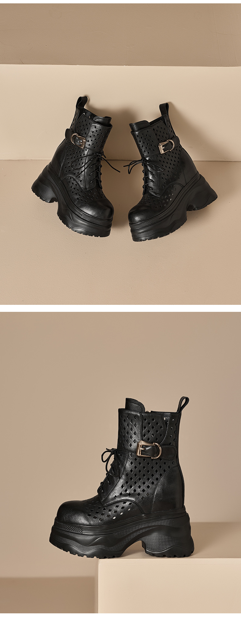 Boot nữ cổ cao ôm bắp chân đế platform gót 12 cm, phong cách hầm hố — màu nâu, màu đen chi tiết 13