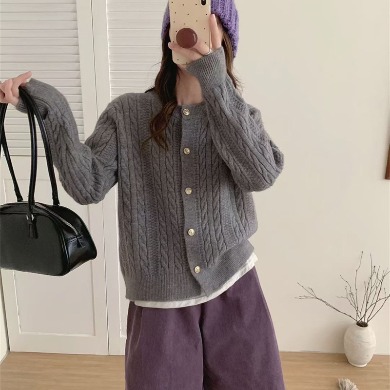 韩系复古麻花圆领毛衣女秋冬新款慵懒风宽松百搭短款针织开衫外套|undefined