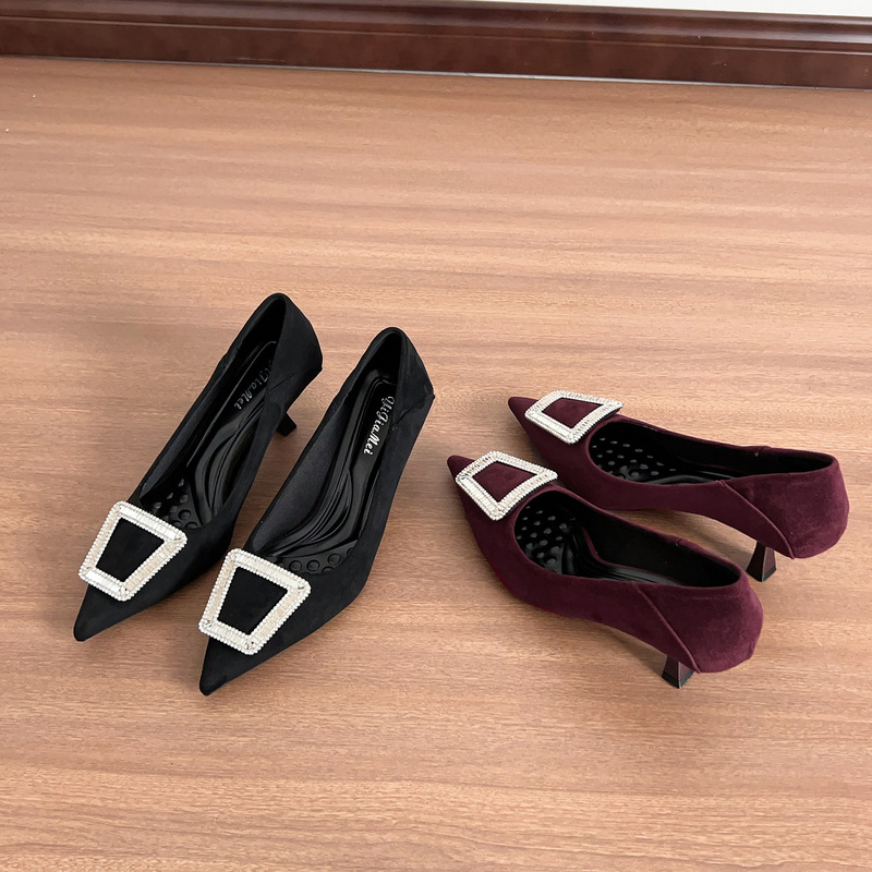 B688-1 Black French-Style Rhinestone Square Buckle Single Shoes 2025 Spring and Autumn New Pointed Toe Shallow Retro Red High Heels