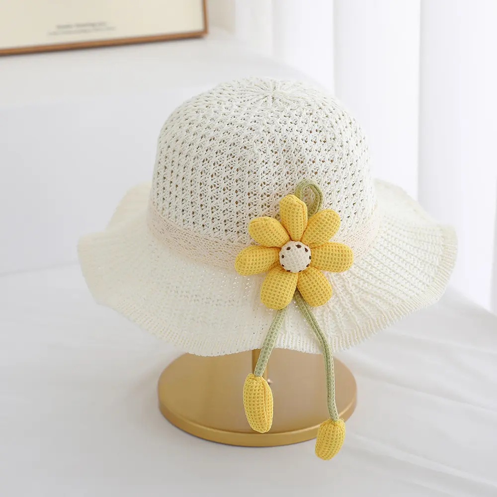 Sombrero de paja para niños, niños y niñas, sombrilla, sombrero de pescador, viento de princesa de verano, sombrero de sol, sombrero de paja de playa con lazo de flores