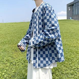 2022 Autumn and Winter New Hong Kong Style Large Size American Baseball Suit Men's Long Sleeve Jacket Collar Jacket Plaid Denim Clothes