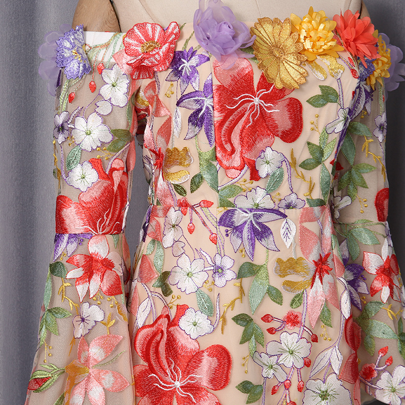 Three Dimensional Floral Cluster Embroidered Bell Sleeve Retro Dress off Neck Dress 22 Three Dimensional Floral Cluster Embroidered Bell Sleeve Retro Dress Off Neck Dress
