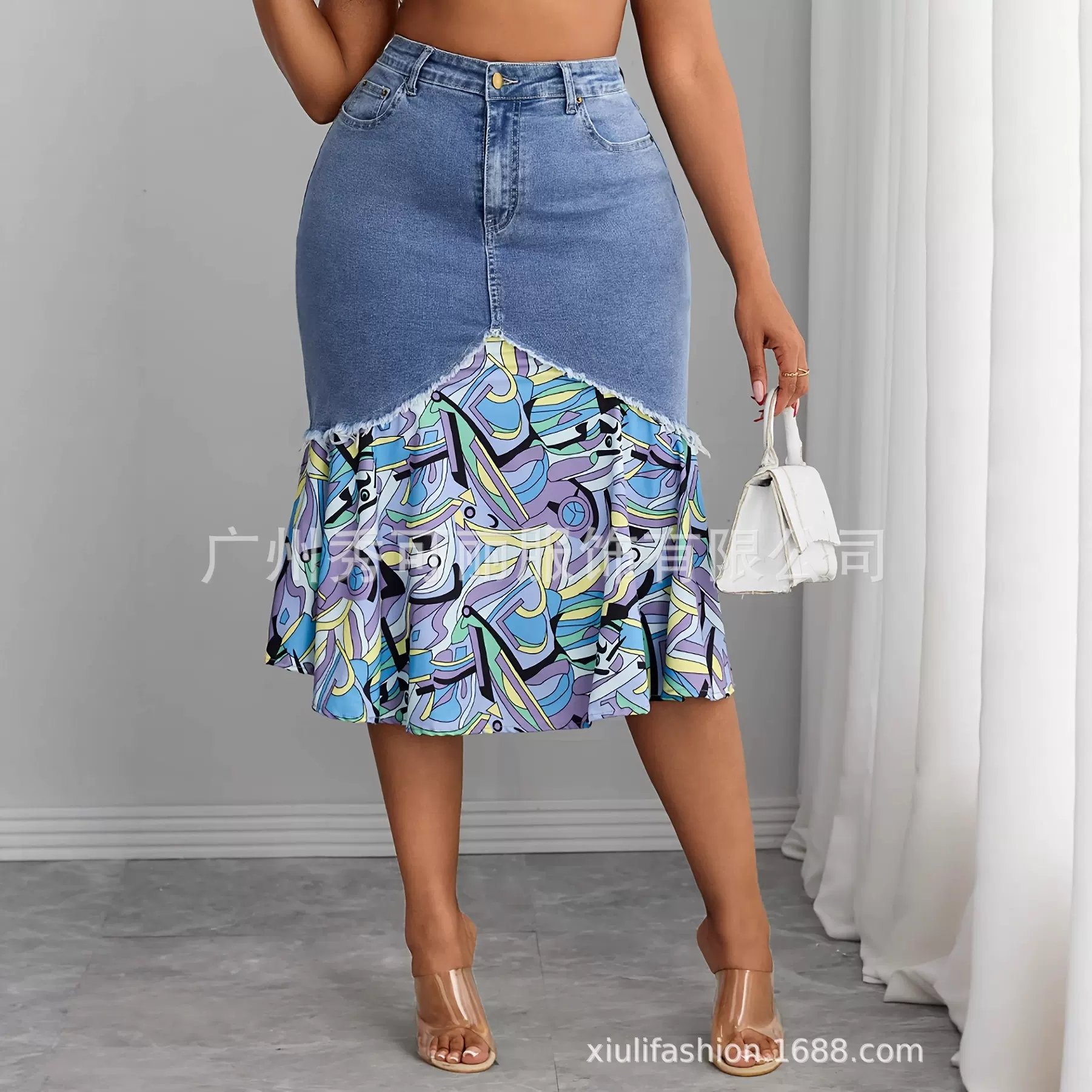 欧美跨境    时尚花布拼接牛仔   女士大码半身裙