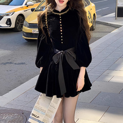 伯拉德千金 复古黑色丝绒连衣裙外套配裙裤女2025秋季新款A字裙潮