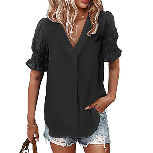 European and American Women's V-Neck Chiffon Shirt with Pom-Pom Detail, Short-Sleeve Casual Loose-Fit Top for Women