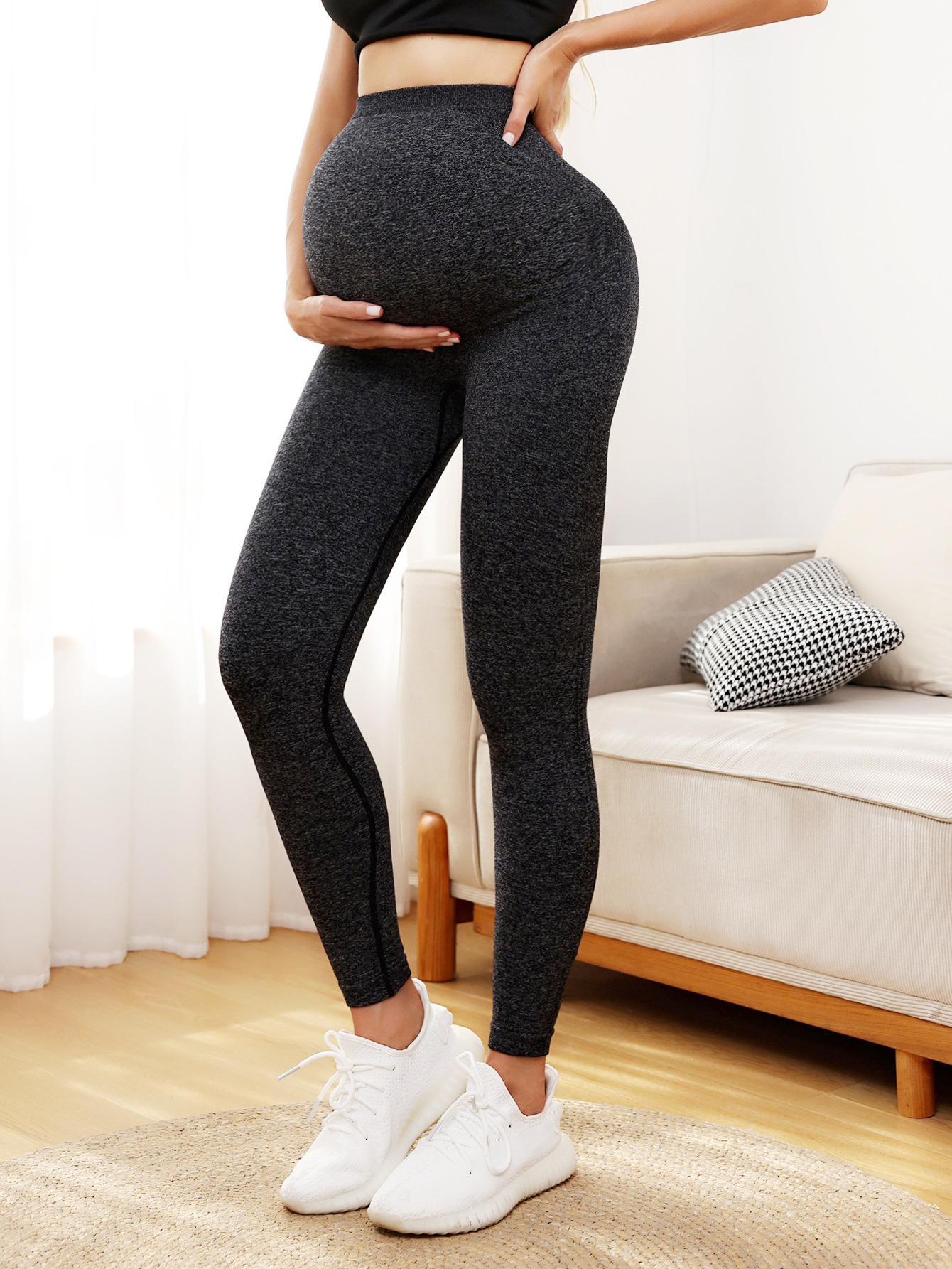 Pantalones de embarazo sin costura de cintura alta de rosca europea y americana, pantalones de embarazo deportivos de color sólido.