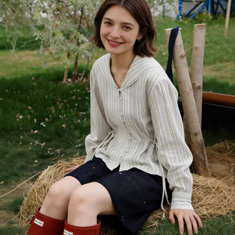 "Oregon Coast" 26Ss Early Spring New Product College Style Navy Collar Waist-Tie Blue Striped Shirt Top
