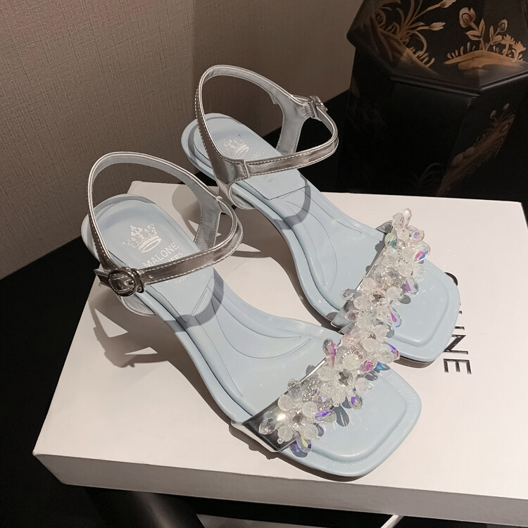 Sandal cao gót nữ mũi nhọn đính cườm da bò, gót nhọn 9 cm — Màu đen, Màu xanh lam chi tiết 11