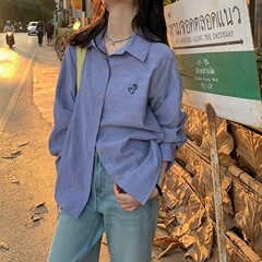 西氷藍ココナッツ ~ 小柄な韓国版刺繍ブルーストライプシャツ女性の怠惰な風のゆったりしたシャツ
