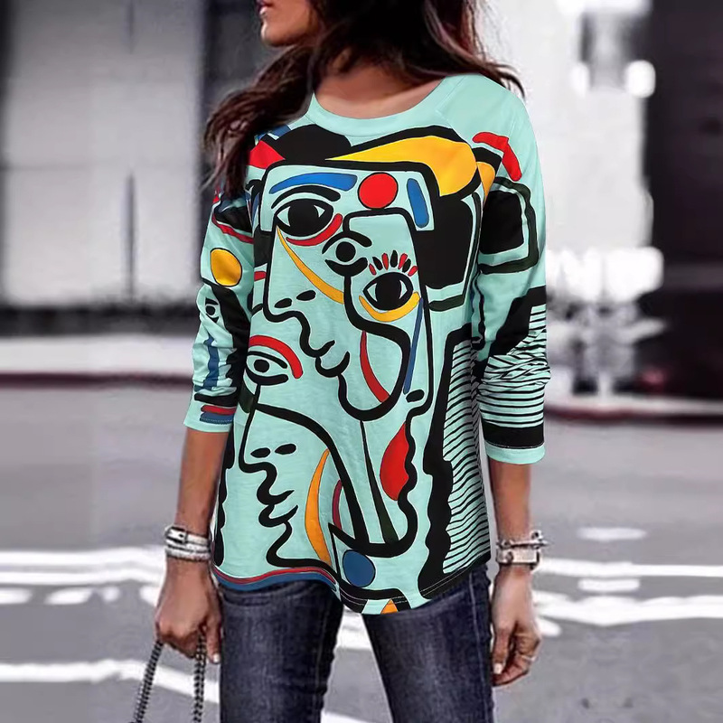 Women's T-shirt portrait daily weekend white printed long sleeve fashion round neck regular version spring and autumn Women's T-shirt portrait daily weekend white printed long sleeve fashion round neck regular version spring and autumn