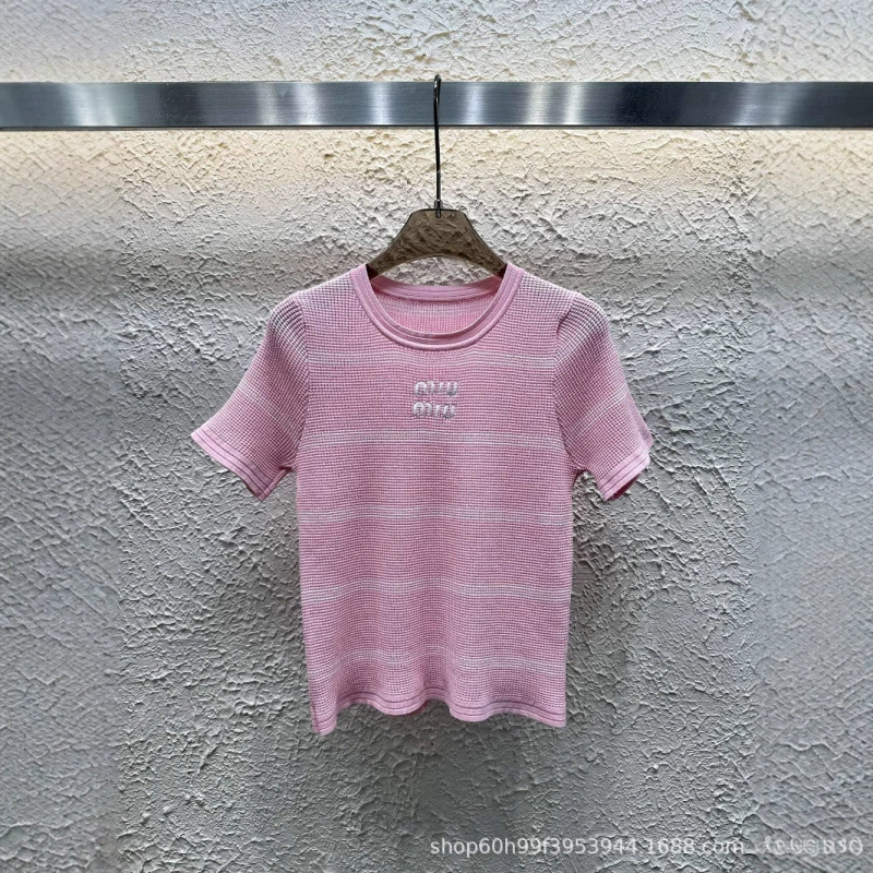 mm25 летняя новая классическая модная универсальная полосатая вышитая вязаная с короткими рукавами