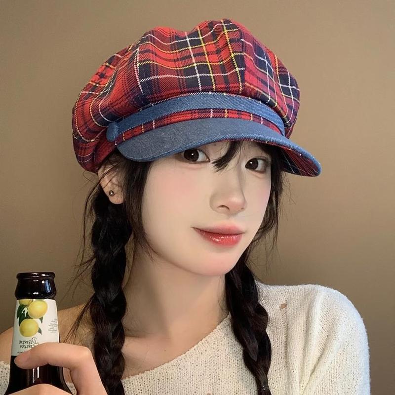 新款格子拼色八角帽子女款小众高级感画家帽复古大帽檐贝雷帽批发|undefined