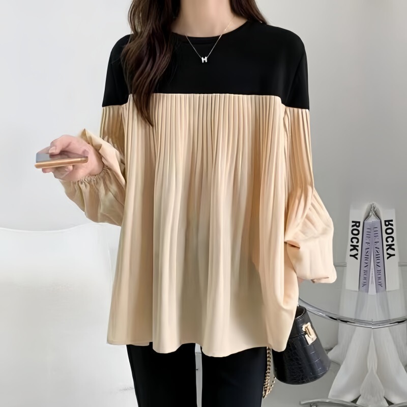 2025 ホットな新作日本の春服女性のプリーツゴムランタンスリーブカラーブロック長袖 Tシャツトップス 3 色|undefined