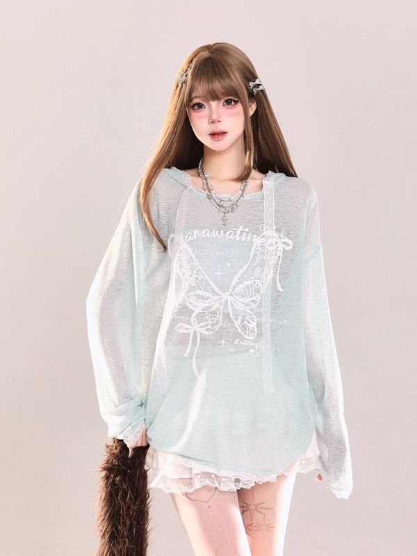 【自家工厂现货】蝴蝶印花T袖女夏休闲辣妹连帽宽松长袖防晒罩衫|undefined