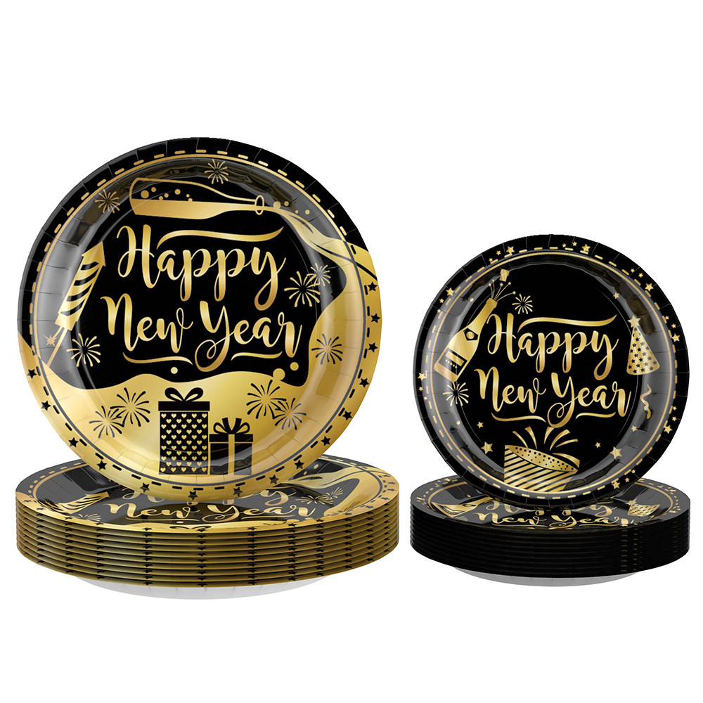 Amazon 2024 NUEVO AÑO fiesta plato de papel traje FELIZ AÑO NUEVO Oro Negro desechable plato de cena traje