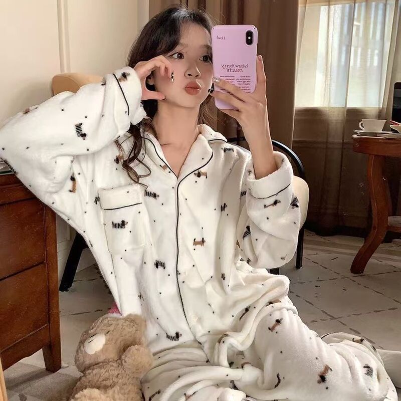 法兰绒睡衣女秋冬季新款韩系卡通条纹长袖加厚保暖少女家居服套装|undefined