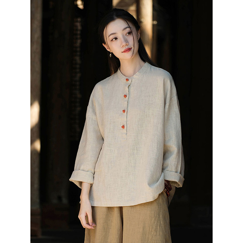 女性用在家服、中国風婦人服、綿麻ボタン付きトップス、禅服、中国風仏教禅無地スーツ|undefined