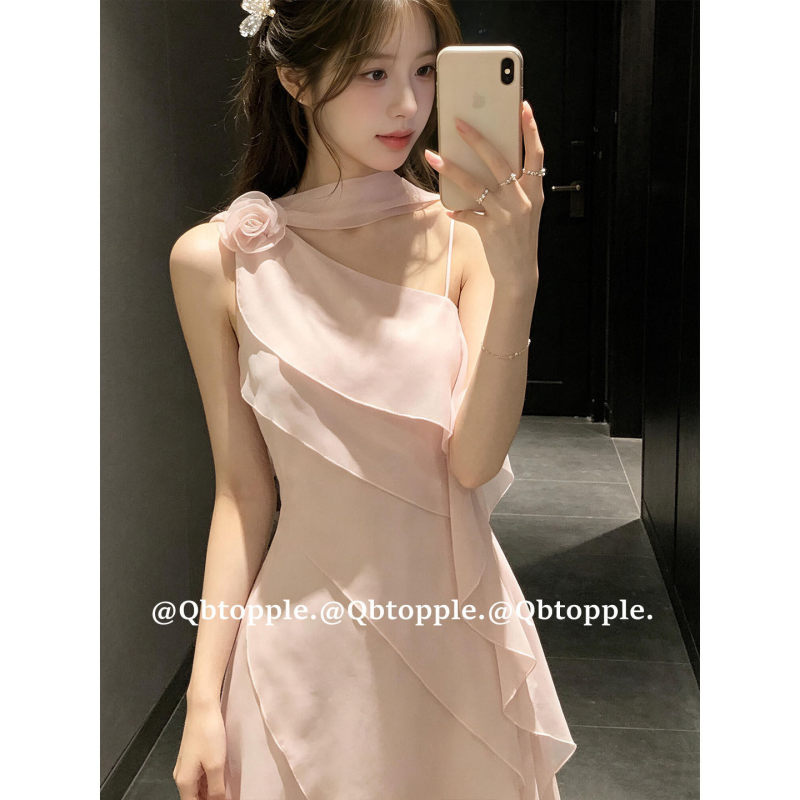 Pink One-Shoulder Ruffled Floral Spaghetti Strap Dress for Women, Summer Design, Pure and Alluring, Waist-Cinching, Slimming, Bodycon Long Dress