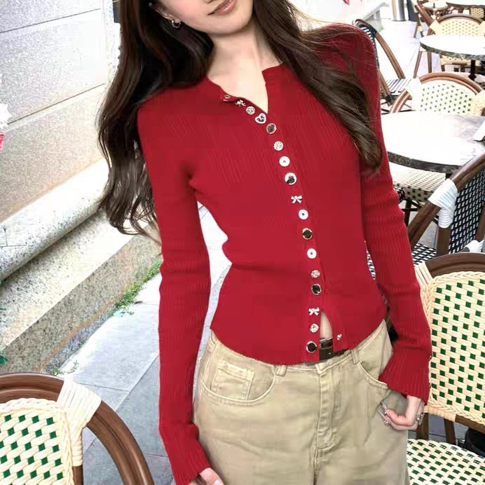 Seven Basicis Drunken Kiss Cherry Sweater Cardigan Women Button Christmas New Year Red Top Knitwear