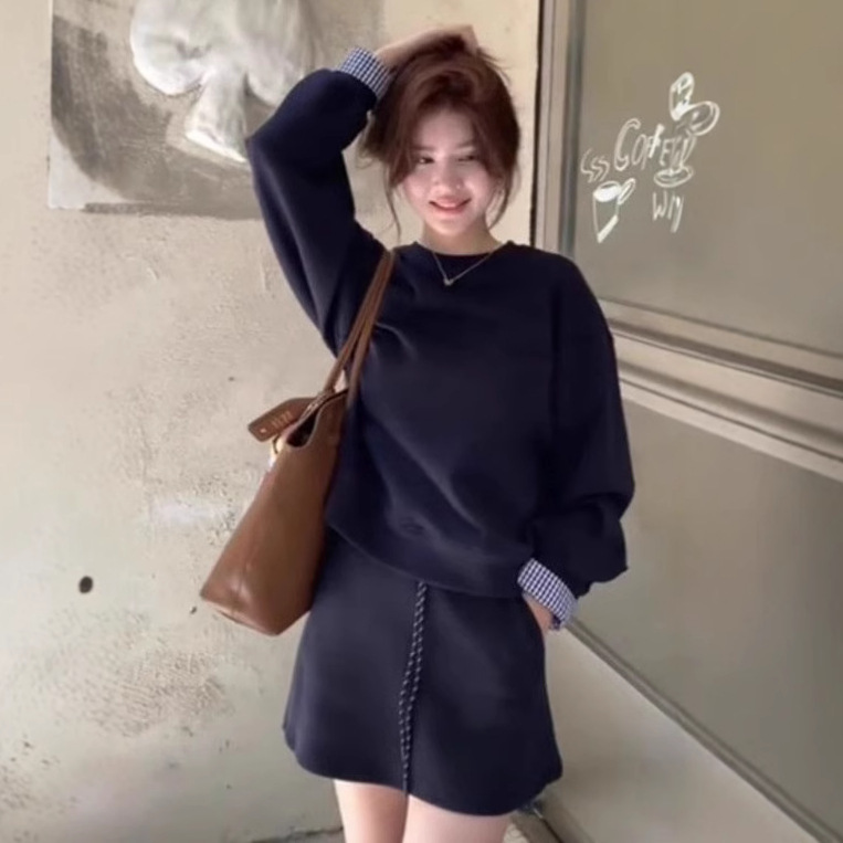 ootd韩系穿搭一整套初早秋季新款女装假两件卫衣半身裙子两件套装|undefined