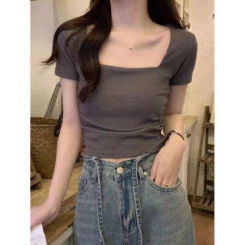 Elegant Square-Neck Short-Sleeve T-Shirt for Women, 2025 Summer: Korean-Style Pleated Design, High-Quality, Slim-Fit, Cropped Top for Students